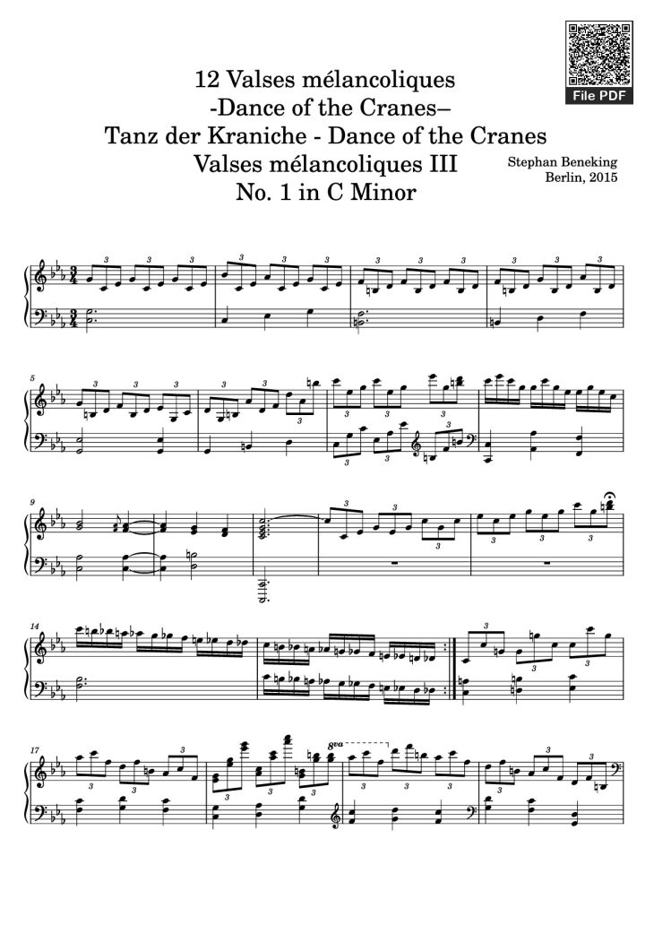 Page 1 of the piano sheet music PDF – 12 Valses mélancoliques III - Dance of the Cranes - No. 1 in C Minor by Stephan Beneking