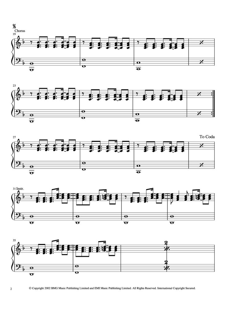 Page 2 of the piano sheet music PDF Piano – Feel Piano by Robert Williams & Guy Chambers