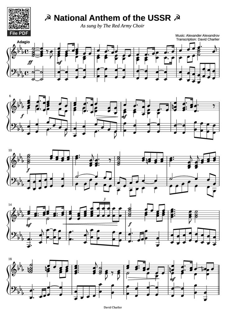 Page 1 of the piano sheet music PDF Piano – ? National Anthem of the USSR ? Piano by Music: Alexander Alexandrov Transcription: David Charlier