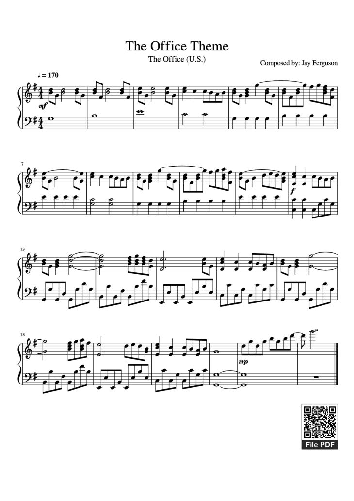 Page 1 of the piano sheet music PDF Piano – The Office Theme Piano by Composed by: Jay Ferguson