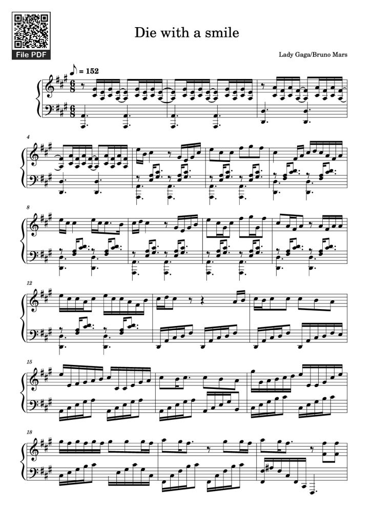 Page 1 of the piano sheet music PDF Piano – Die with a smile Piano by Lady Gaga/Bruno Mars