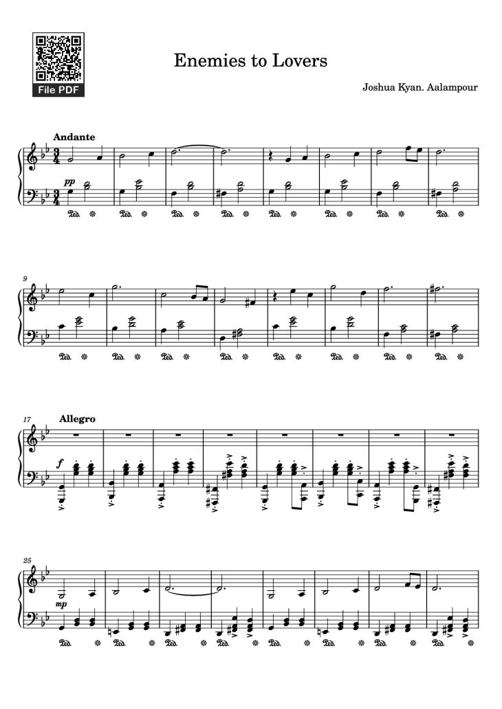 Page 1 of the piano sheet music PDF Piano – Enemies to Lovers Piano by Joshua Kyan. Aalampour