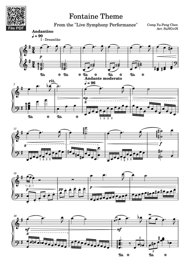 Page 1 of the piano sheet music PDF Piano – Fontaine Theme Piano by Comp.Yu-Peng Chen