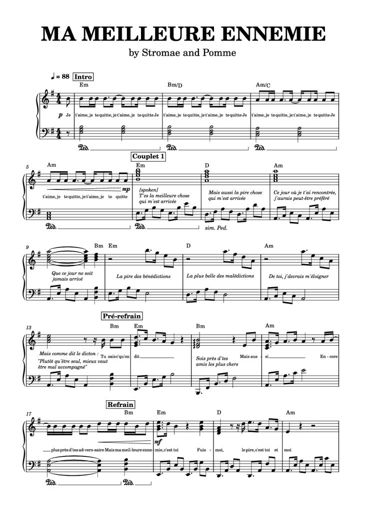 Page 1 of the piano sheet music PDF Piano – MA MEILLEURE ENNEMIE Piano by Stromae and Pomme