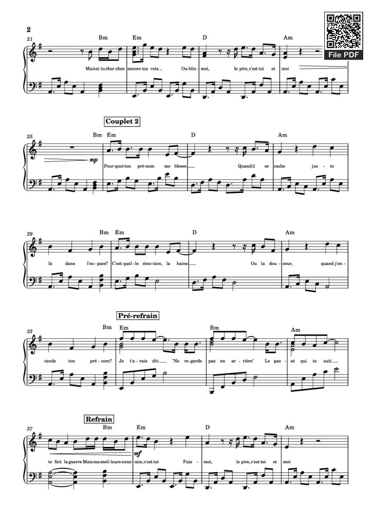 Page 2 of the piano sheet music PDF Piano – MA MEILLEURE ENNEMIE Piano by Stromae and Pomme