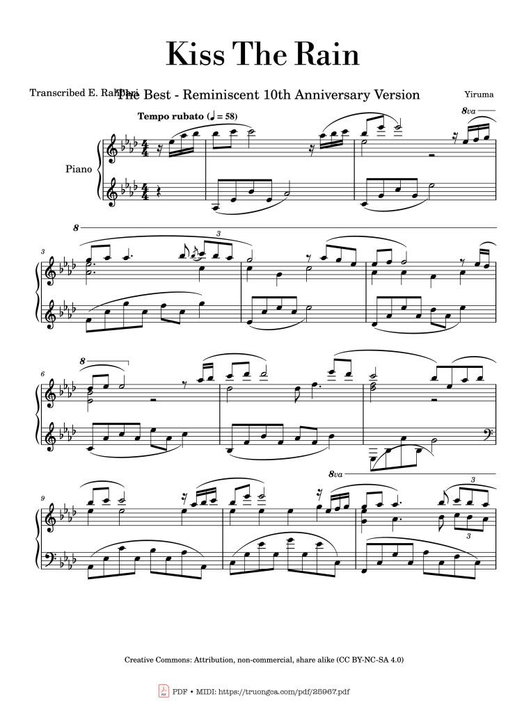 Page 1 of the piano sheet music PDF Piano – Kiss The Rain Piano by Yiruma