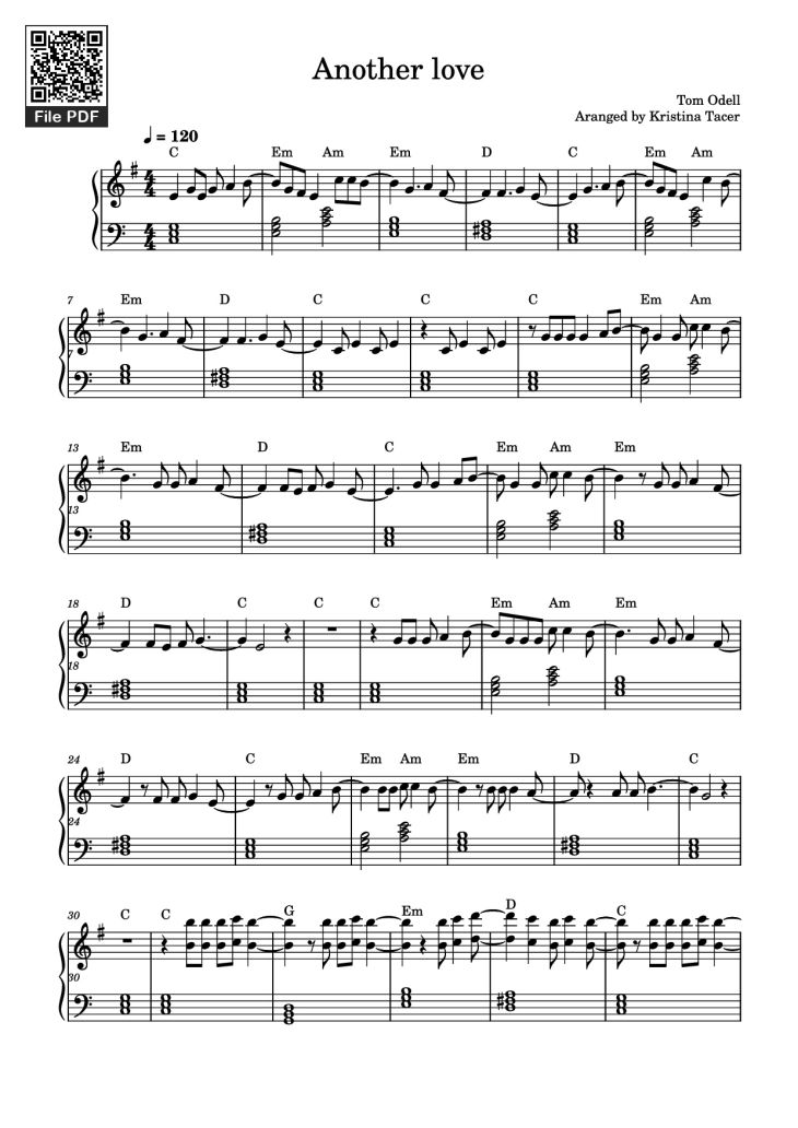 Page 1 of the piano sheet music PDF Piano – Another love Piano by Tom Odell