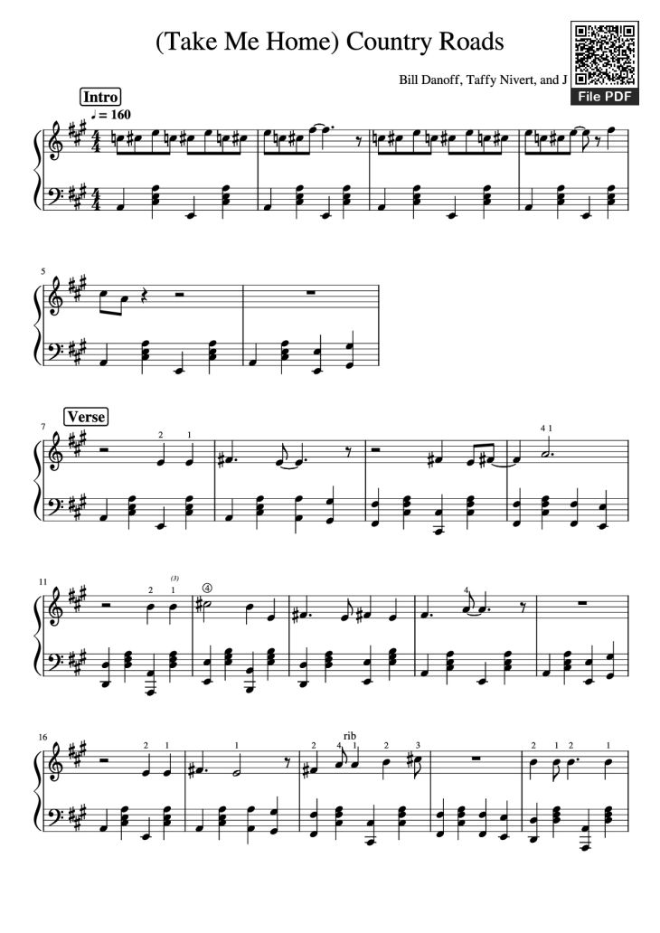 Page 1 of the piano sheet music PDF Piano – Take Me Home, Country Roads Piano by Bill Danoff