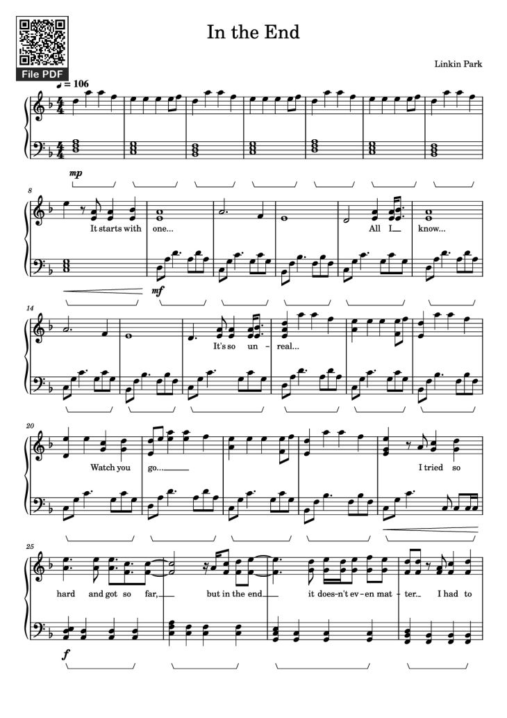 Page 1 of the piano sheet music PDF Piano – In the End Piano by Linkin Park
