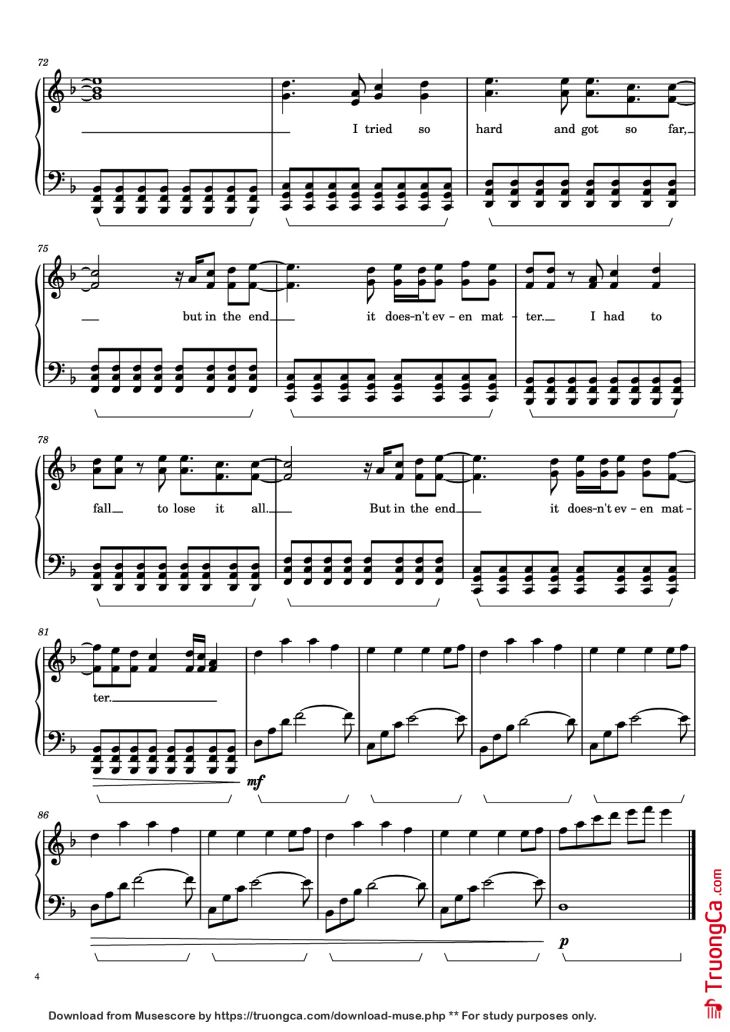 Page 4 of the piano sheet music PDF Piano – In the End Piano by Linkin Park