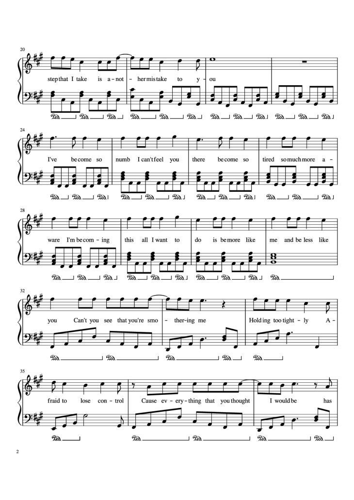 Page 2 of the piano sheet music PDF Piano – Numb Piano by Zakura