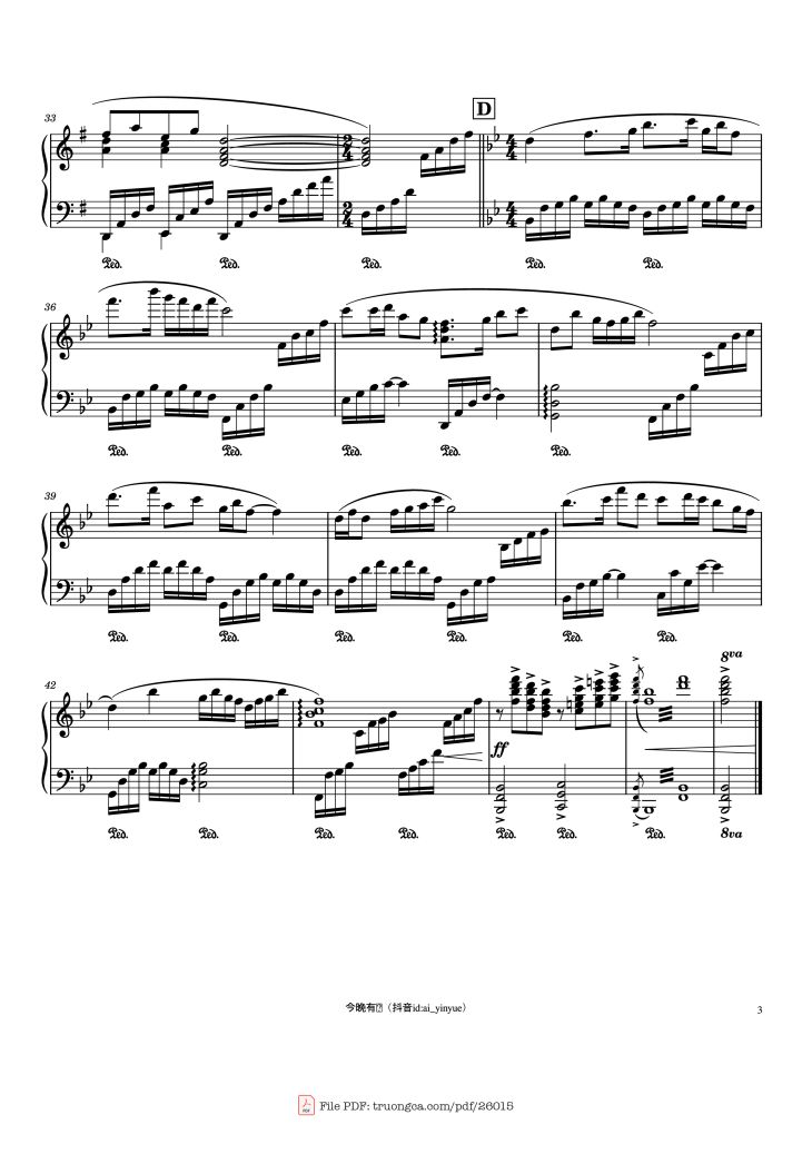 Page 3 of the piano sheet music PDF Piano – 梁祝(The Butterfly Lovers) Piano by 今晚有谱（2023/5/9）