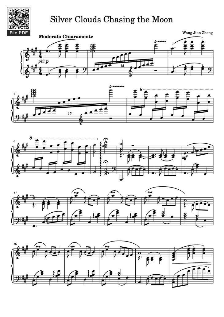 Page 1 of the piano sheet music PDF Piano – Silver Clouds Chasing the Moon Piano by Wang Jian Zhong
