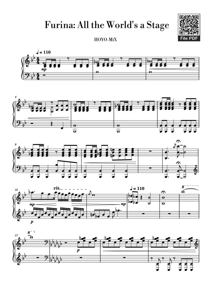 Page 1 of the piano sheet music PDF Piano – Furina All the World