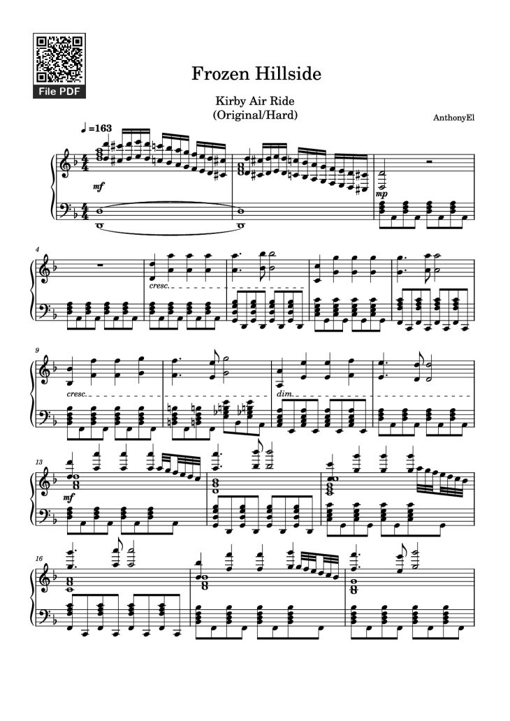Page 1 of the piano sheet music PDF Piano – Frozen Hillside Piano by AnthonyEl