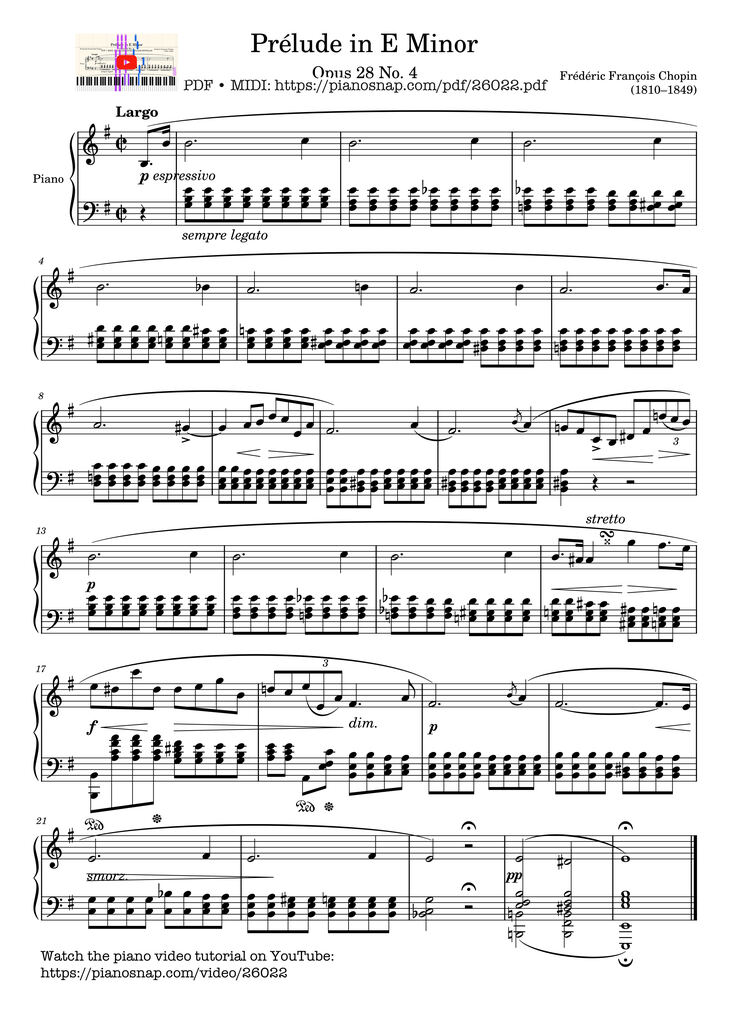 Page 1 of the piano sheet music PDF Piano – Prélude in E Minor Piano by Frédéric François Chopin