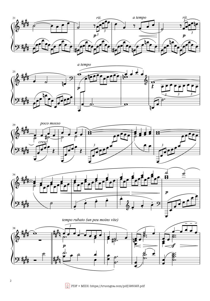 Page 2 of the piano sheet music PDF Piano – Arabesque No. 1 in E Major Piano by Claude Achille Debussy