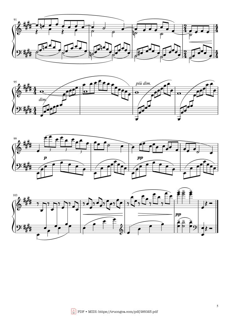 Page 5 of the piano sheet music PDF Piano – Arabesque No. 1 in E Major Piano by Claude Achille Debussy