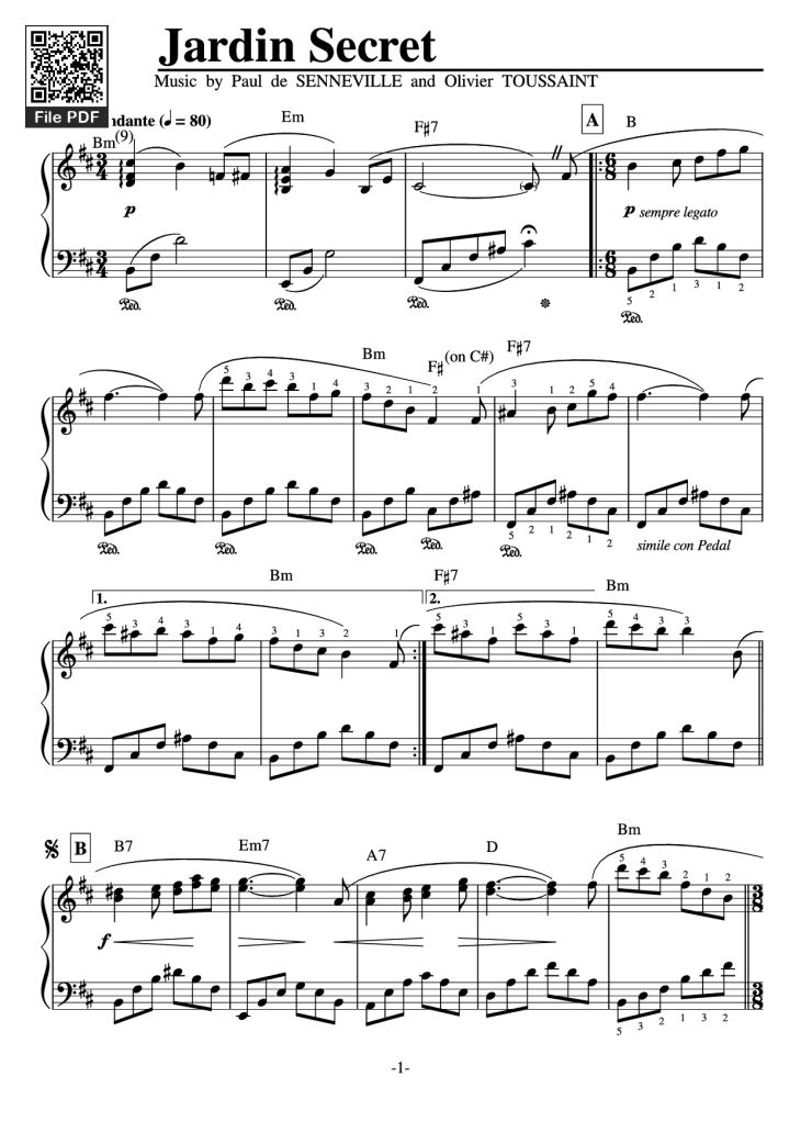Page 1 of the piano sheet music PDF – Jardin Secret Piano by Music by Paul de SENNEVILLE and Olivier TOUSSAINT