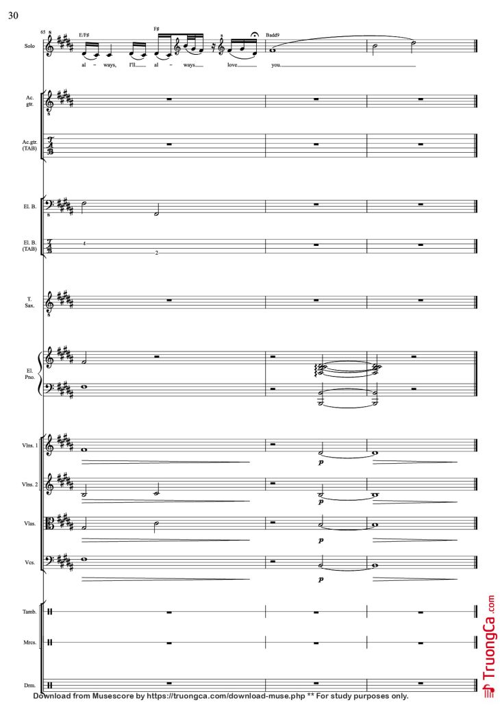Page 30 of the piano sheet music PDF – I Will Always Love You (Choral orchestral) by D. Parton
