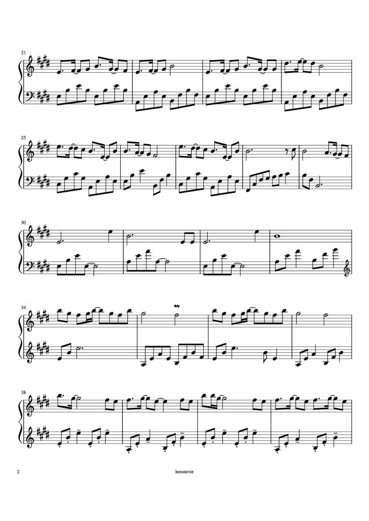 Page 2 of the piano sheet music PDF Piano – Laskar Pelangi Piano by Arr. by leesstevie