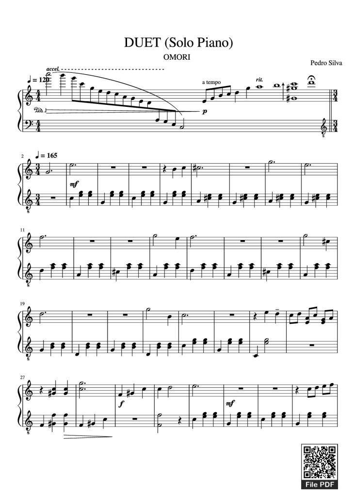 Page 1 of the piano sheet music PDF Piano – DUET (Solo Piano) by Pedro Silva