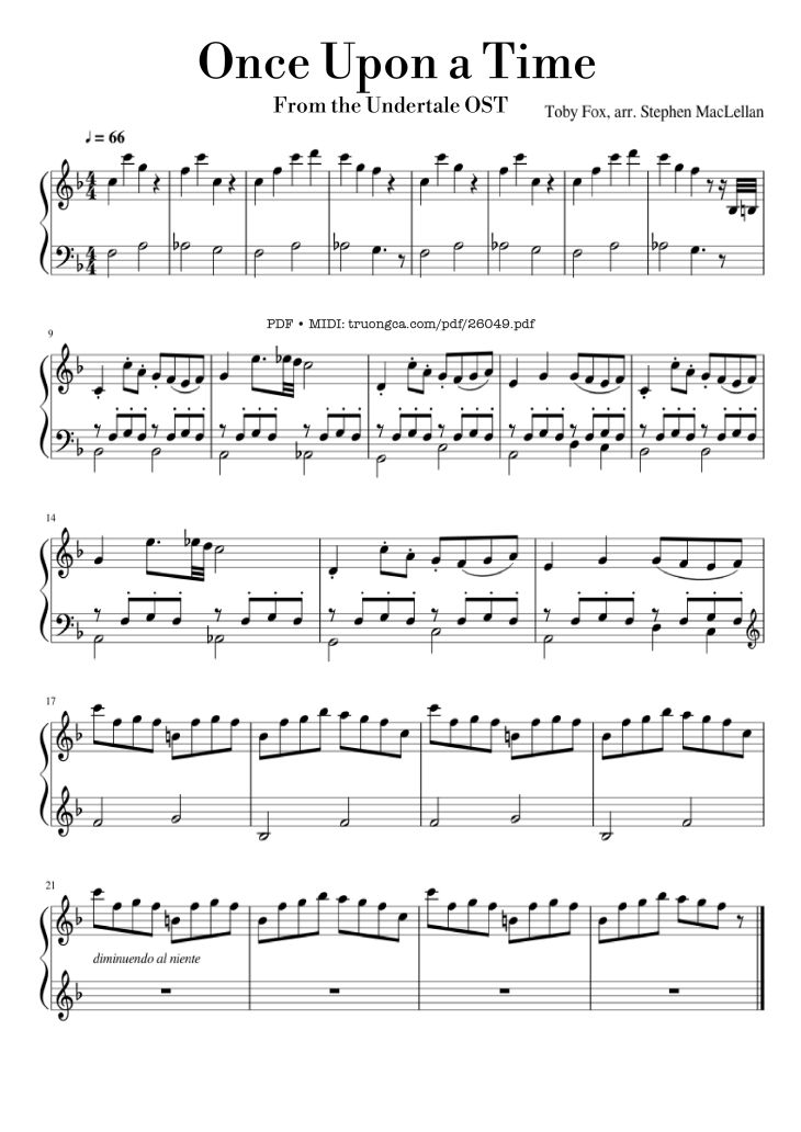 Page 1 of the piano sheet music PDF Piano – Once Upon a Time Piano by Toby Fox, arr. Stephen MacLellan