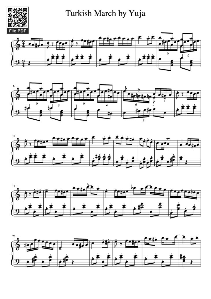 Page 1 of the piano sheet music PDF Piano – Turkish March by Yuja Piano by Kyoko Akatsuka