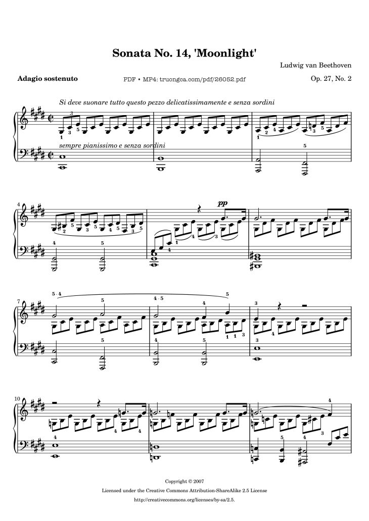 Page 1 of the piano sheet music PDF – Sonata No. 14, Moonlight 1st Movement (With Fingering) by Ludwig van Beethoven