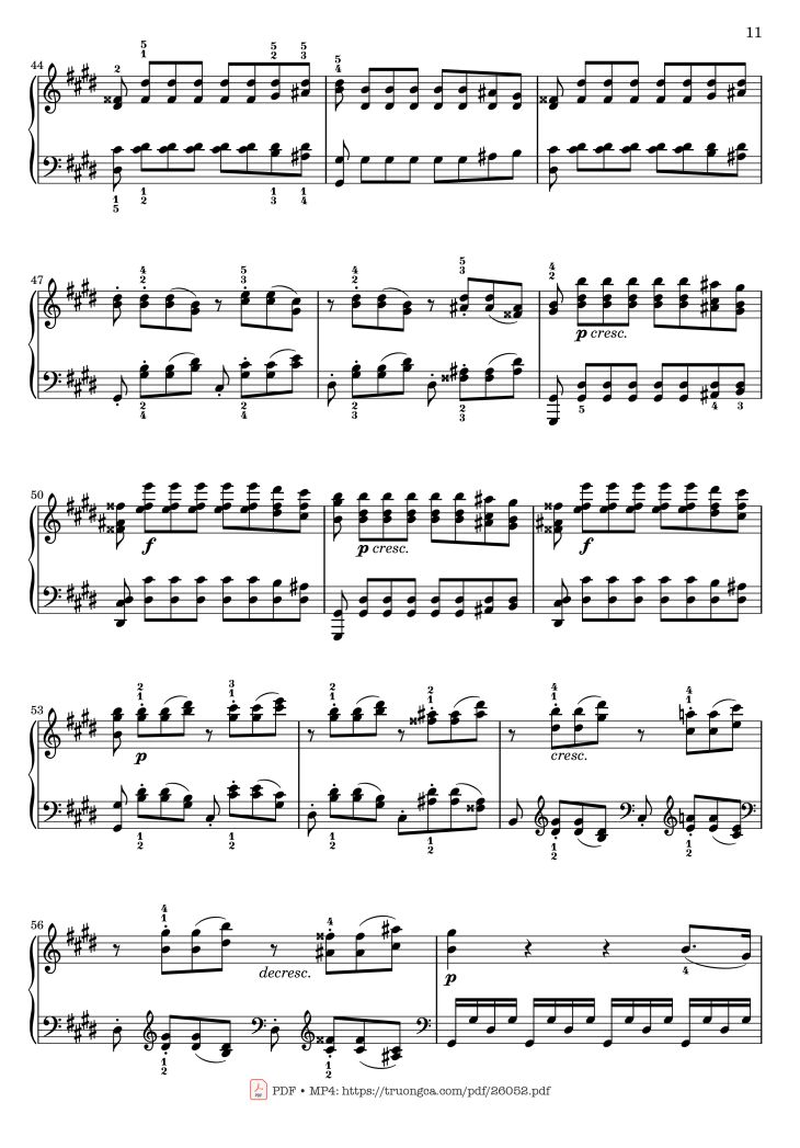 Page 11 of the piano sheet music PDF – Sonata No. 14, Moonlight 1st Movement (With Fingering) by Ludwig van Beethoven