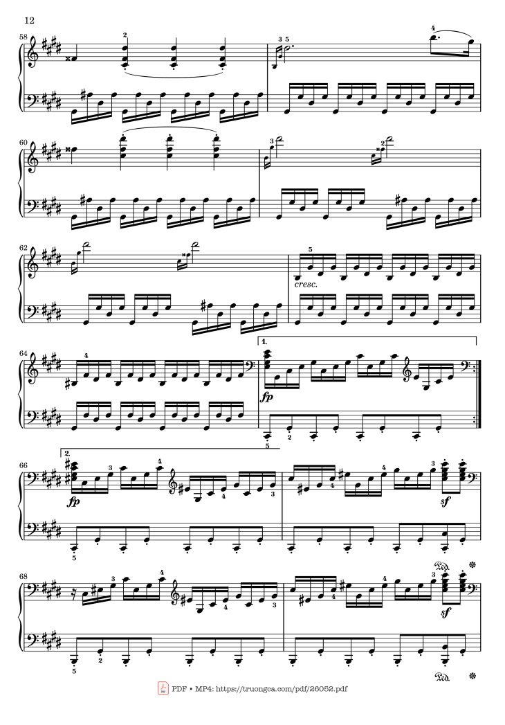 Page 12 of the piano sheet music PDF – Sonata No. 14, Moonlight 1st Movement (With Fingering) by Ludwig van Beethoven