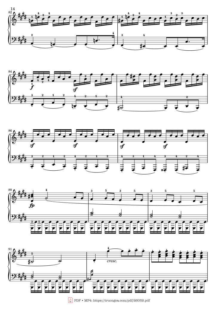 Page 14 of the piano sheet music PDF – Sonata No. 14, Moonlight 1st Movement (With Fingering) by Ludwig van Beethoven