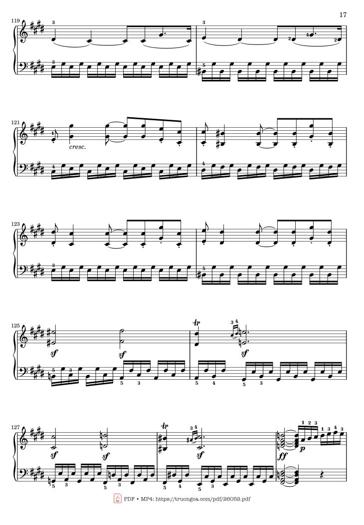 Page 17 of the piano sheet music PDF – Sonata No. 14, Moonlight 1st Movement (With Fingering) by Ludwig van Beethoven
