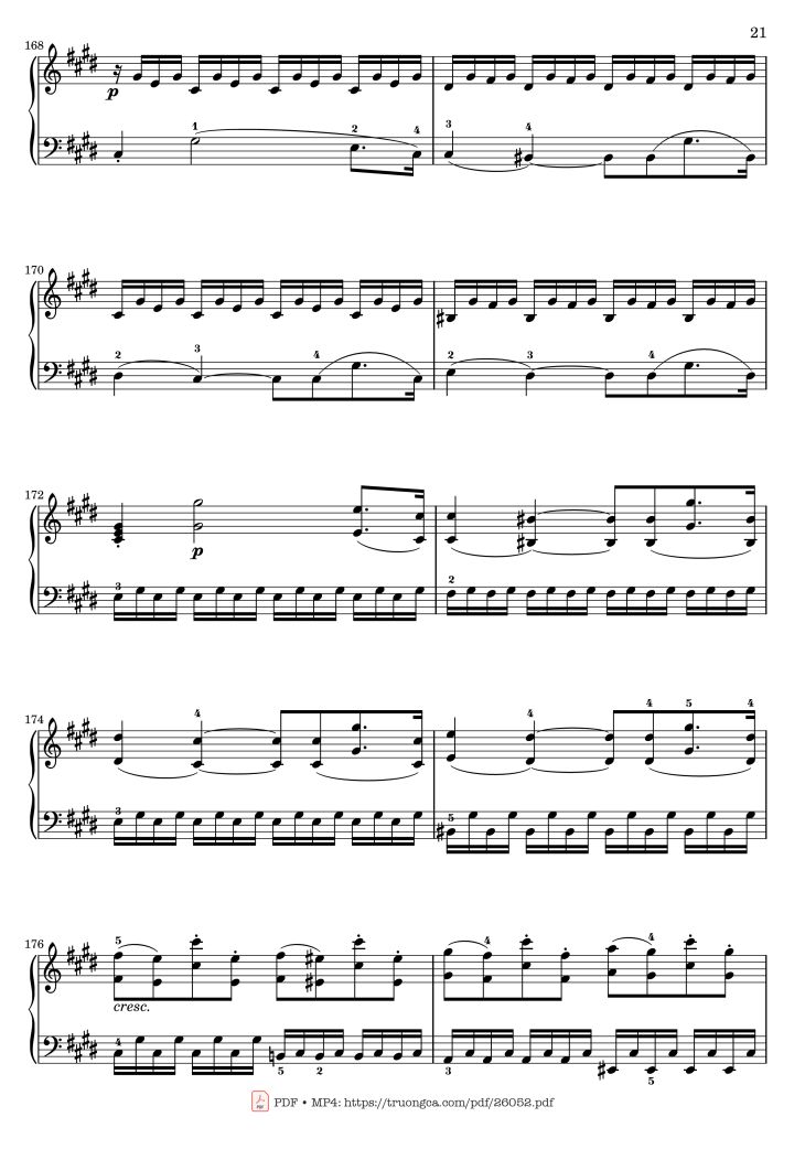 Page 21 of the piano sheet music PDF – Sonata No. 14, Moonlight 1st Movement (With Fingering) by Ludwig van Beethoven