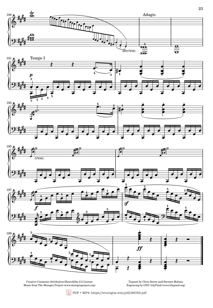 Page 23 of the piano sheet music PDF – Sonata No. 14, Moonlight 1st Movement (With Fingering) by Ludwig van Beethoven