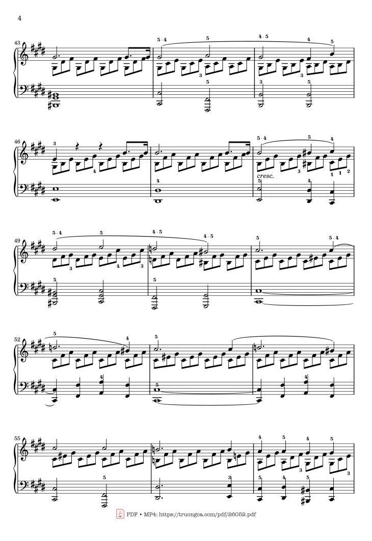 Page 4 of the piano sheet music PDF – Sonata No. 14, Moonlight 1st Movement (With Fingering) by Ludwig van Beethoven