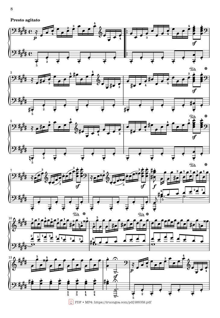 Page 8 of the piano sheet music PDF – Sonata No. 14, Moonlight 1st Movement (With Fingering) by Ludwig van Beethoven