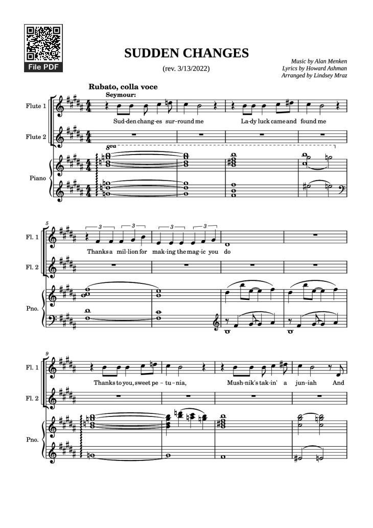 Page 1 of the piano sheet music PDF Piano – SUDDEN CHANGES Piano by Music by Alan Menken