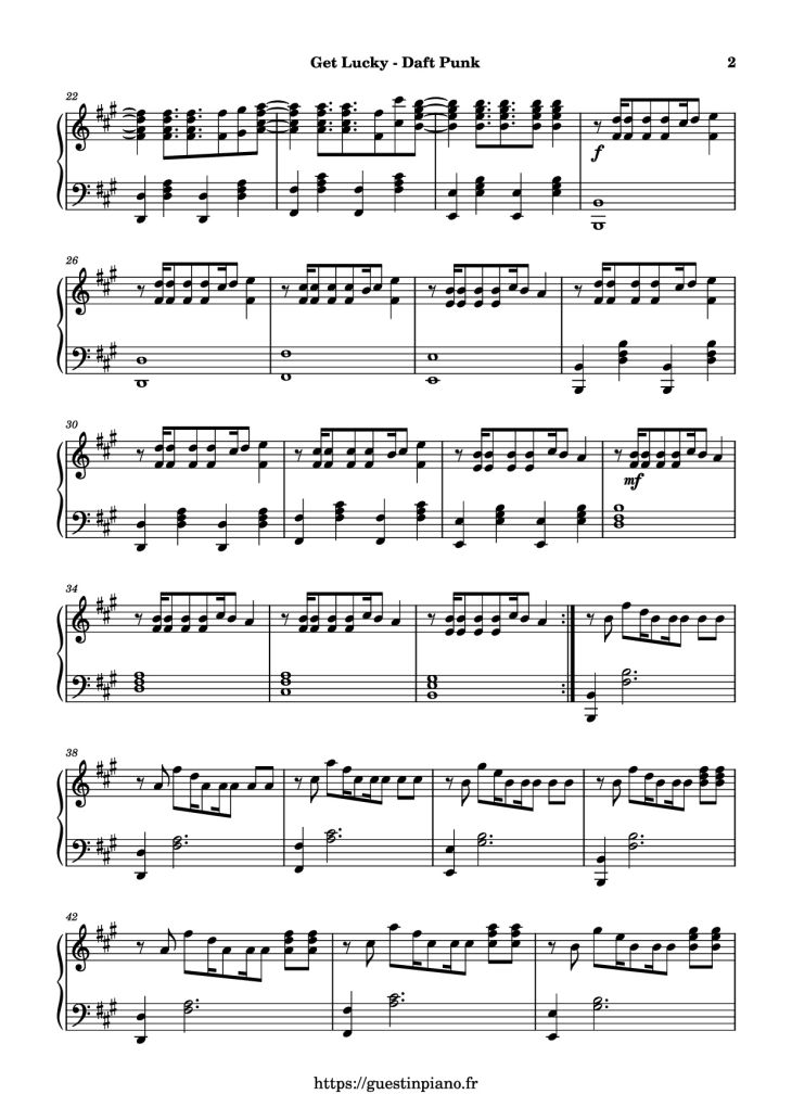 Page 2 of the piano sheet music PDF Piano – Get Lucky Piano by Daft Punk