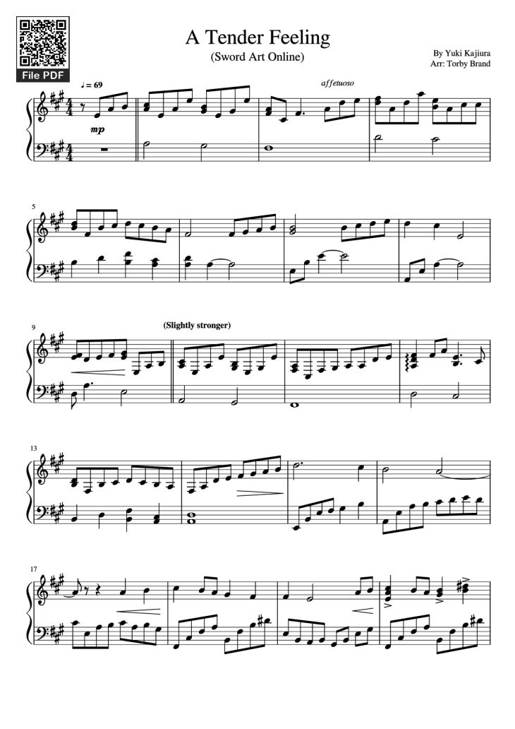 Page 1 of the piano sheet music PDF Piano – A Tender Feeling Piano by Yuki Kajiura