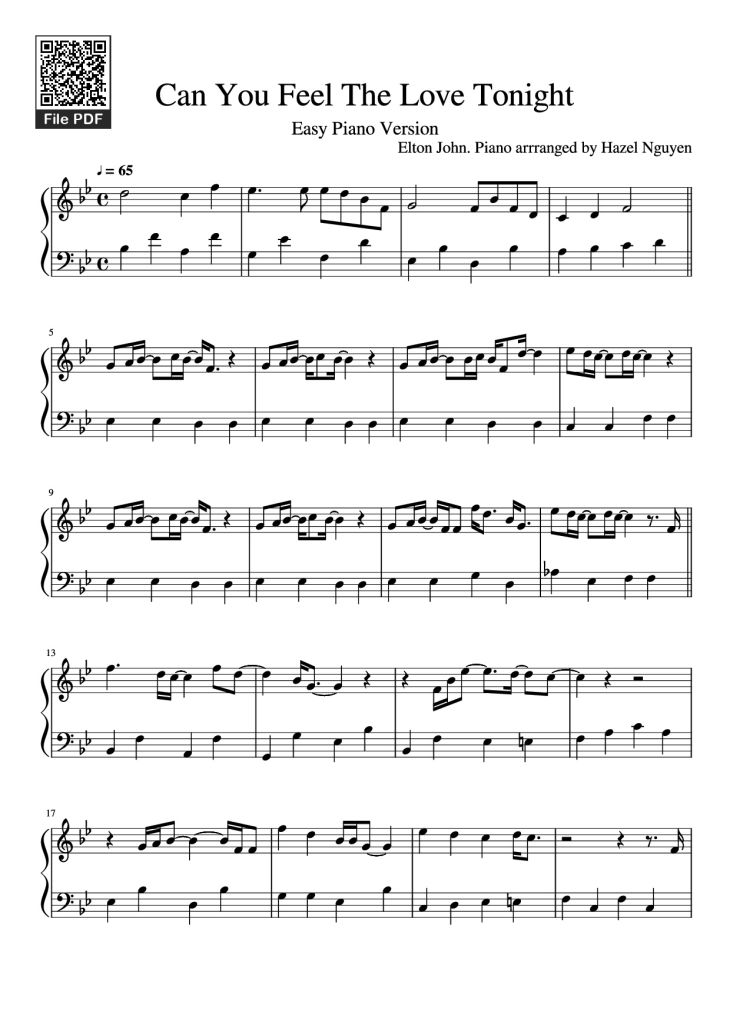 Page 1 of the piano sheet music PDF Piano – Can You Feel The Love Tonight Piano by Elton John. Piano arrranged by Hazel Nguyen