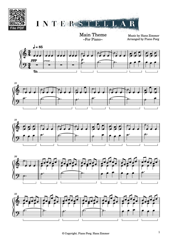 Page 1 of the piano sheet music PDF Piano – Interstellar Main Theme Piano by Music by Hans Zimmer