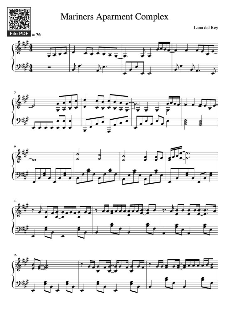 Page 1 of the piano sheet music PDF Piano – Mariners Aparment Complex Piano by Lana del Rey