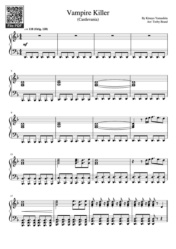 Page 1 of the piano sheet music PDF Piano – Vampire Killer Piano by Kinuyo Yamashita
