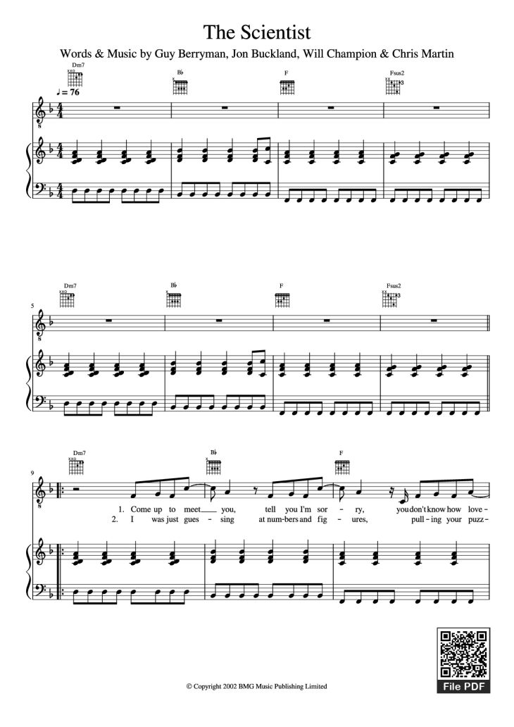Page 1 of the piano sheet music PDF Piano – The Scientist Piano by Undefined
