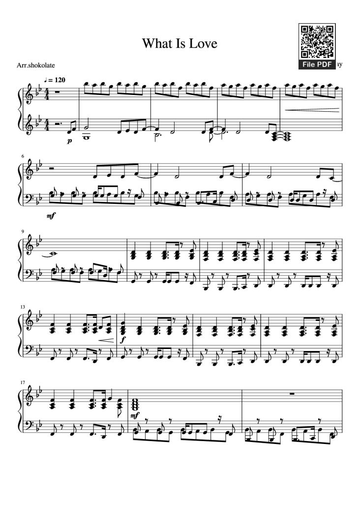 Page 1 of the piano sheet music PDF Piano – What Is Love Piano by Haddaway