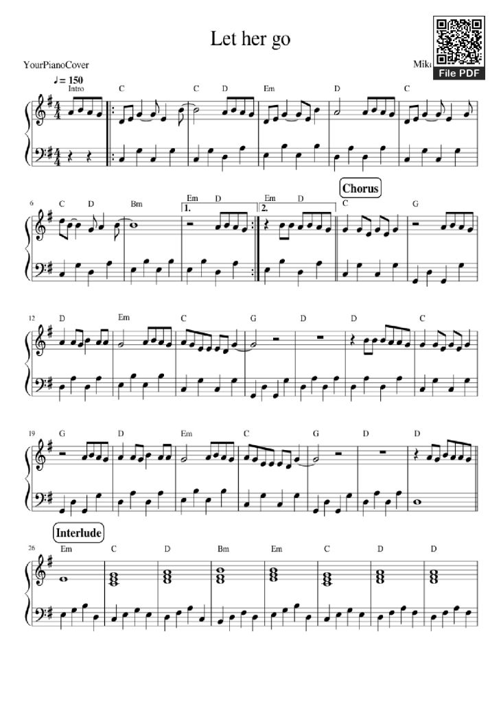 Page 1 of the piano sheet music PDF Piano – Let her go Piano by Mike Rosenberg
