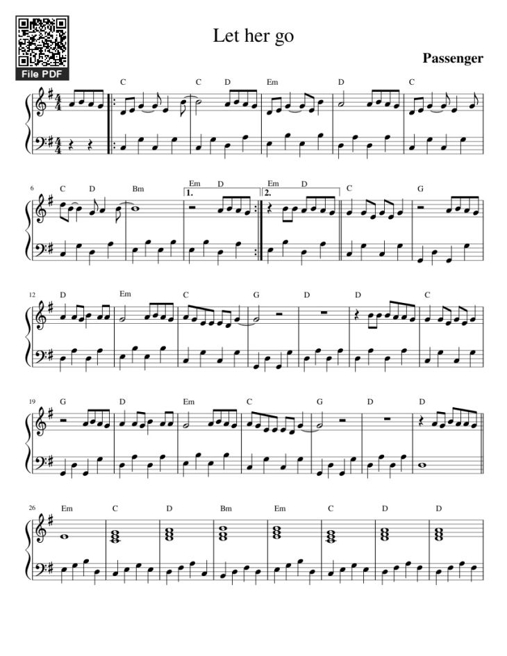 Page 1 of the piano sheet music PDF Piano – Let her go Piano by Passenger