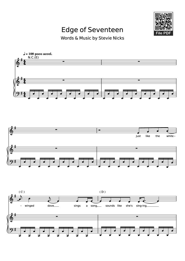 Page 1 of the piano sheet music PDF Piano – Edge of Seventeen Piano by STEVIE NICKS