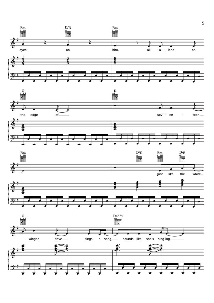 Page 5 of the piano sheet music PDF Piano – Edge of Seventeen Piano by STEVIE NICKS